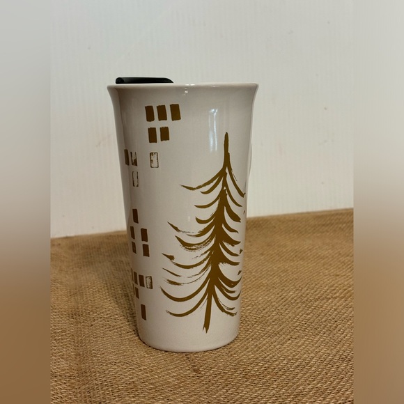 Starbucks | Holiday Gold Tree | Ceramic Travel Tumbler Tall Mug with Lid 2014 - Picture 3 of 14